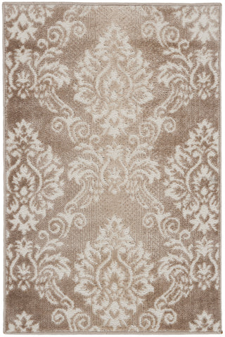 2' X 3' Ivory and Brown Damask Distressed Non Skid Area Rug