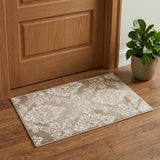 2' X 3' Ivory and Brown Damask Distressed Non Skid Area Rug