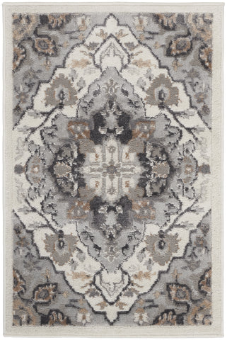 2' X 3' Ivory Black and Gray Floral Non Skid Area Rug