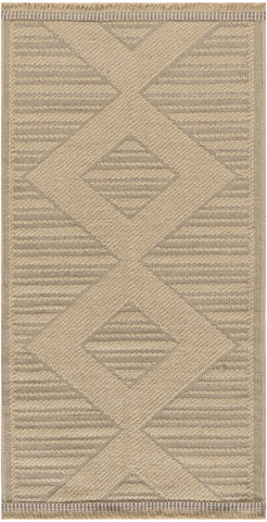 2' X 4' Natural And Beige Geometric Flatweave Non Skid Area Rug With Fringe