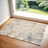 3' X 4' Beige Teal Blue and Gray Abstract Area Rug With Fringe