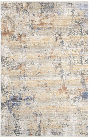 3' X 4' Beige Teal Blue and Gray Abstract Area Rug With Fringe