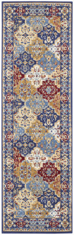 6' Ivory Red and Blue Ogee Distressed Non Skid Runner Rug