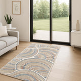 6' Ivory Blue And Brown Abstract Runner Rug