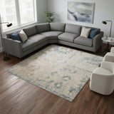 7' X 9' Blue Floral Distressed Area Rug