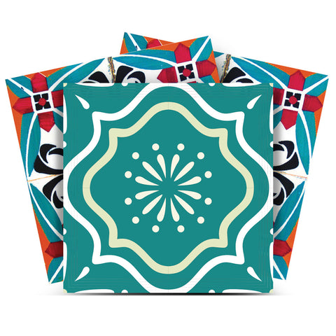 12" X 12" Turq and Terra Cotta Scroll Peel and Stick Removable Tiles