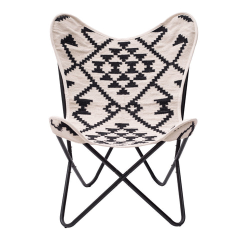 26" Beige And Black And Black Geometric Butterfly Chair