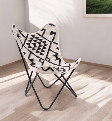 26" Beige And Black And Black Geometric Butterfly Chair
