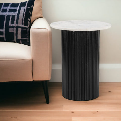 22" White and Black Marble and Wood Round Pedestal End Table