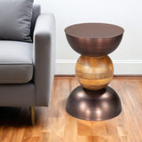 20" Bronze and Brown Iron and Solid Wood Round Pedestal End Table