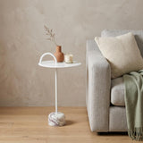 25" White Iron And Marble Round Pedestal End Table