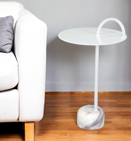 25" White Iron And Marble Round Pedestal End Table