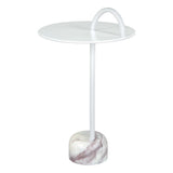 25" White Iron And Marble Round Pedestal End Table