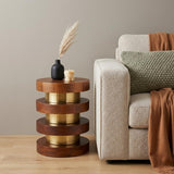 20" Brown and Gold Solid Wood and Iron Round Pedestal End Table