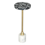 22" Black White And Gold Wood Marble And Iron Round Pedestal End Table