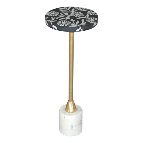 22" Black White And Gold Wood Marble And Iron Round Pedestal End Table