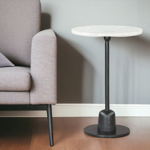 22" White and Black Distressed Marble and Aluminum Round Pedestal End Table