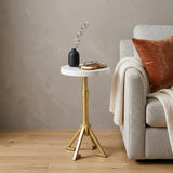 22" White And Gold Marble And Iron Round Pedestal End Table