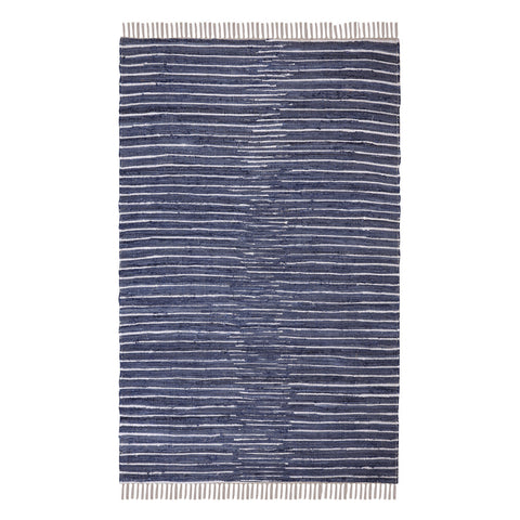 3' X 5' Navy and White Striped Handmade Indoor Outdoor Area Rug