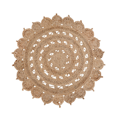 4' Natural Jute Floral Medallion Hand Braided Round Rug