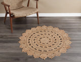 4' Natural Jute Floral Medallion Hand Braided Round Rug