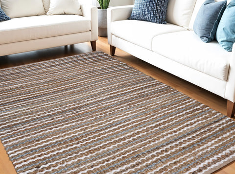 5' X 8' Brown White And Gray Jute Striped Hand Woven Area Rug