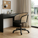 Beige and Black Solid Wood Steel And Cane Rattan Adjustable Swivel Rolling Office Chair
