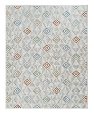 5' X 7' Cream and Beige Geometric Distressed Indoor Outdoor Area Rug