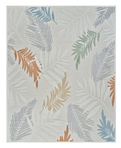 5' X 7' Cream and Beige Botanical Leaves Distressed Indoor Outdoor Area Rug