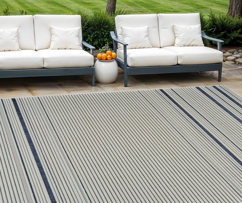 6' X 9' Blue and Cream Striped Distressed Indoor Outdoor Area Rug
