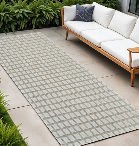 10' Cream and Beige Geometric Distressed Indoor Outdoor Runner Rug