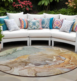 8' Round Gray and Gold Round Abstract Washable Non Skid Indoor Outdoor Area Rug