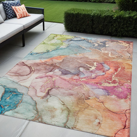 5' X 8' Blue Abstract Washable Non Skid Indoor Outdoor Area Rug