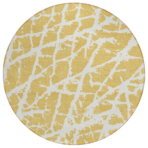 8' Round Gold and White Round Abstract Washable Non Skid Indoor Outdoor Area Rug