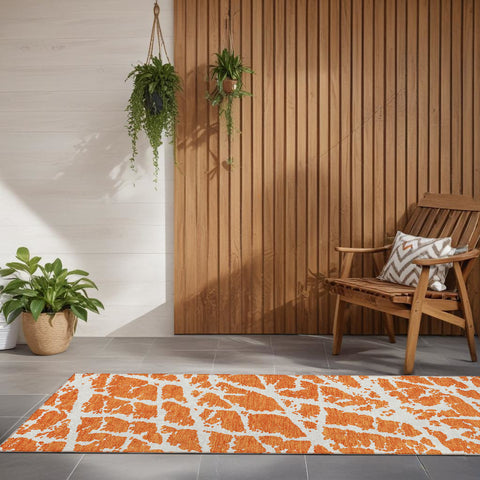 8' Runner Orange and White Abstract Washable Non Skid Indoor Outdoor Runner Rug