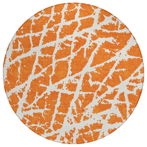 8' Round Orange and White Round Abstract Washable Non Skid Indoor Outdoor Area Rug