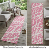 8' Runner Pink and Ivory Abstract Washable Non Skid Indoor Outdoor Runner Rug