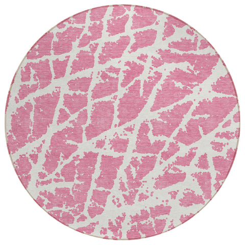 8' Round Pink and Ivory Round Abstract Washable Non Skid Indoor Outdoor Area Rug