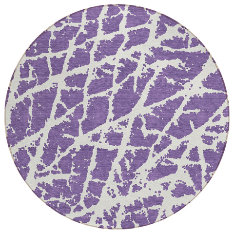 8' Purple And White Round Abstract Washable Indoor Outdoor Area Rug