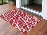 3' X 5' Red And White Abstract Washable Indoor Outdoor Area Rug