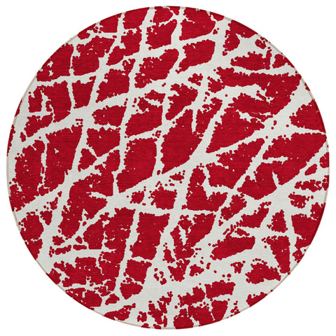 8' Round Red and White Round Abstract Washable Non Skid Indoor Outdoor Area Rug
