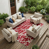8' X 10' Red and White Abstract Washable Non Skid Indoor Outdoor Area Rug