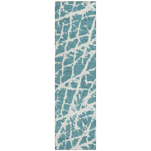 8' Runner Teal Abstract Washable Non Skid Indoor Outdoor Runner Rug
