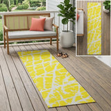 8' Runner Yellow and White Abstract Washable Non Skid Indoor Outdoor Runner Rug