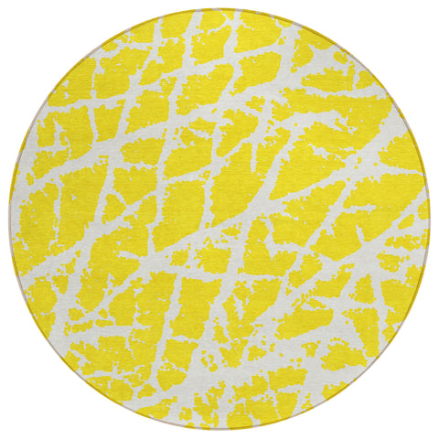 8' Round Yellow and White Round Abstract Washable Non Skid Indoor Outdoor Area Rug