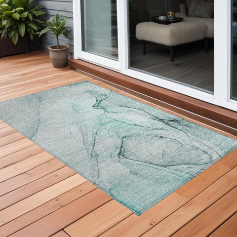 2' X 3' Teal Abstract Washable Non Skid Indoor Outdoor Area Rug