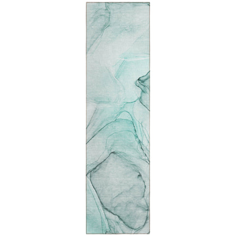 2' X 8' Teal and Gray Abstract Washable Non Skid Indoor Outdoor Runner Rug