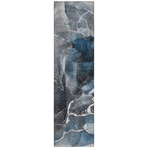 8' Ivory Blue And Gray Abstract Washable Indoor Outdoor Runner Rug