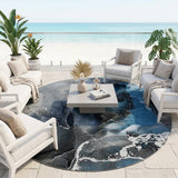 8' Round Ivory Blue and Gray Round Abstract Washable Non Skid Indoor Outdoor Area Rug