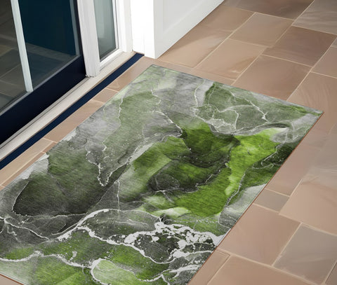 3' X 5' Green Abstract Washable Non Skid Indoor Outdoor Area Rug